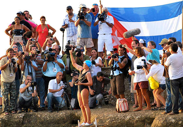Nyad with her bugle at the start of Cuba Swim, Marina Hemingway, Havana.